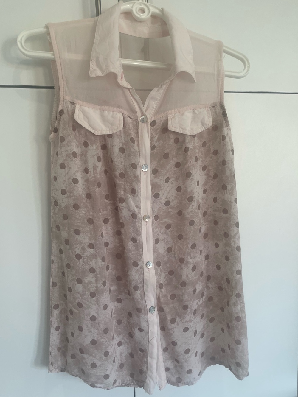 Made in Italy Pink Polka Dot Sheer Sleeveless Blouse Button Up Medium M